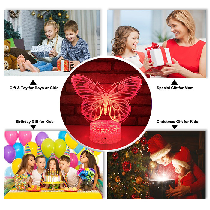 Acrylic 3W 3D Illusion Night Light Lamp Butterfly Shape For Girls