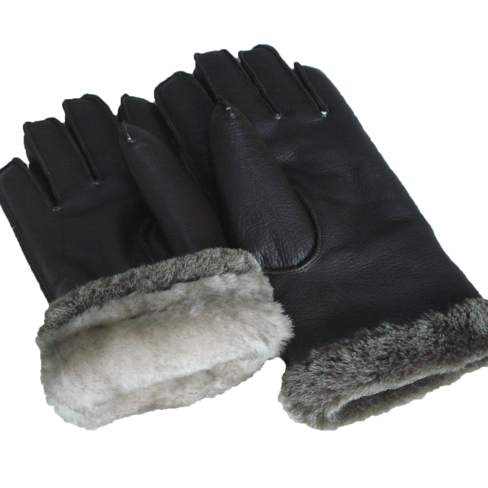 Winter Lamb Fur Lined Mens Soft Leather Gloves With Belt Plain Style