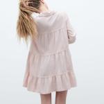 MID Long Sleeves Cotton Casual Dress Pleated Skirt Polyester