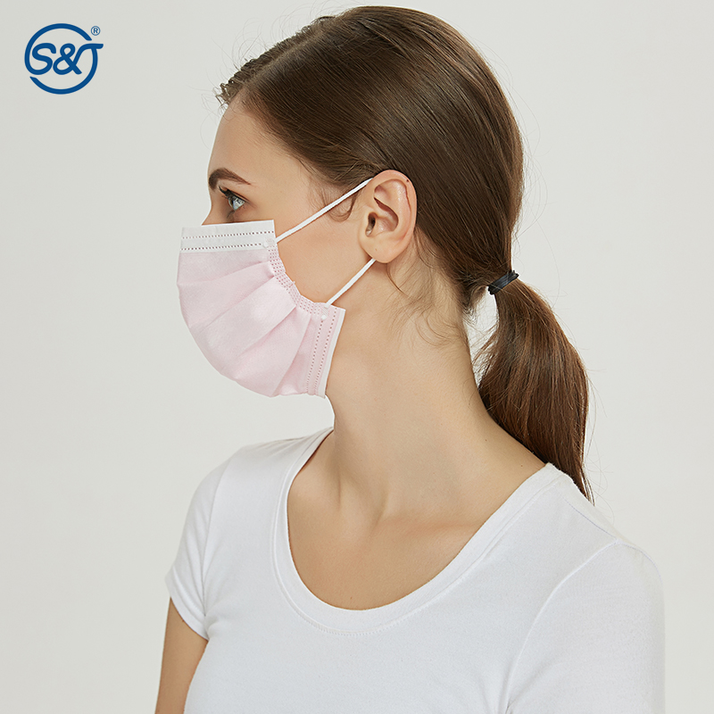 S&J Disposable Protective "Secure+" Surgical Face Mask Light Pink ASTM LEVEL3 Adjustable Strips Sitting on Both Chin and Nose