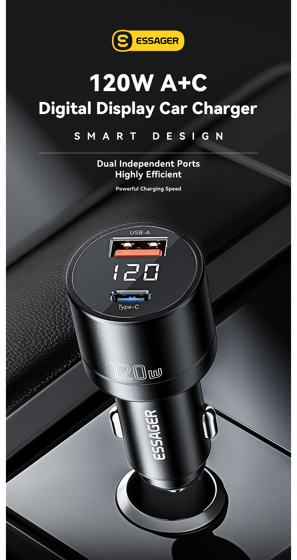 ESSAGER FSJ-009 Series 120W Cell Phone Quick Car Charger Outlet