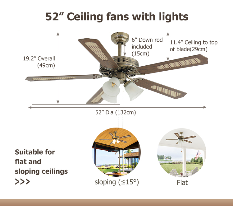 Cooling 1stshine Ceiling Fan with 3 Lights 52 Inch Remote Control AC Motor 5 MDF Blades 2-