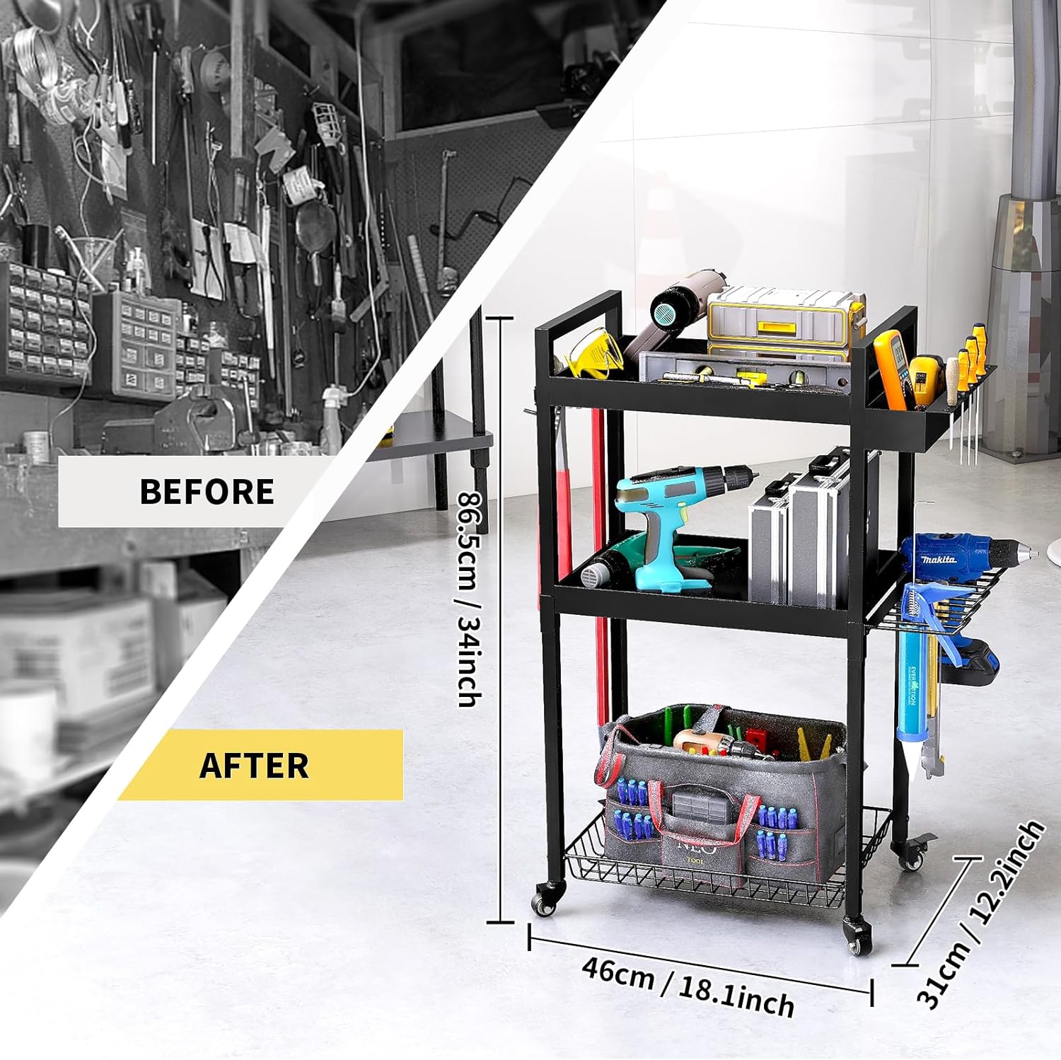 Wall Mount 3 Tier Drill Rack Shelf Rolling Cart Tool Holder for Workshop Organization