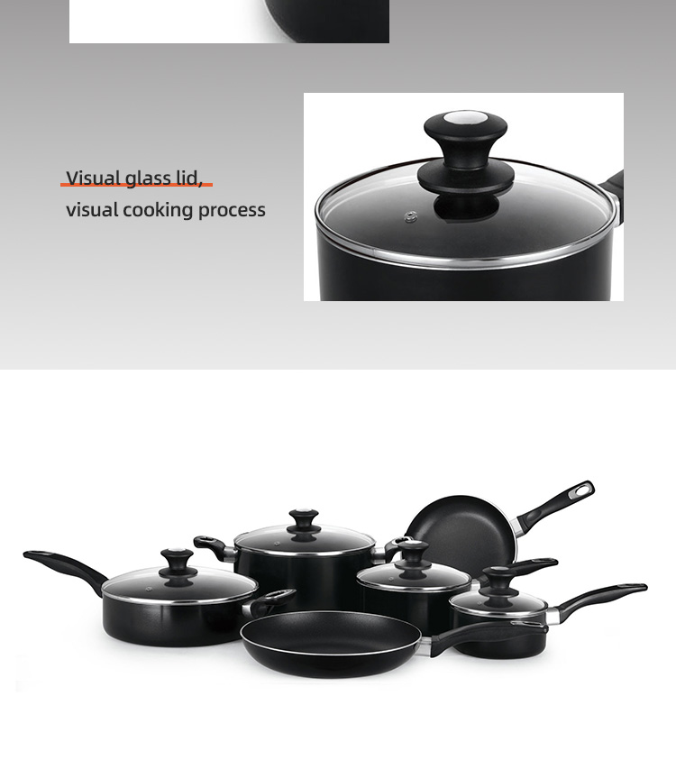 Hot Sale 10 Pcs Aluminum Cooking Pot Set Custom Pots And Pans Cookware Black Nonstick Cookware Sets With Glass Lid