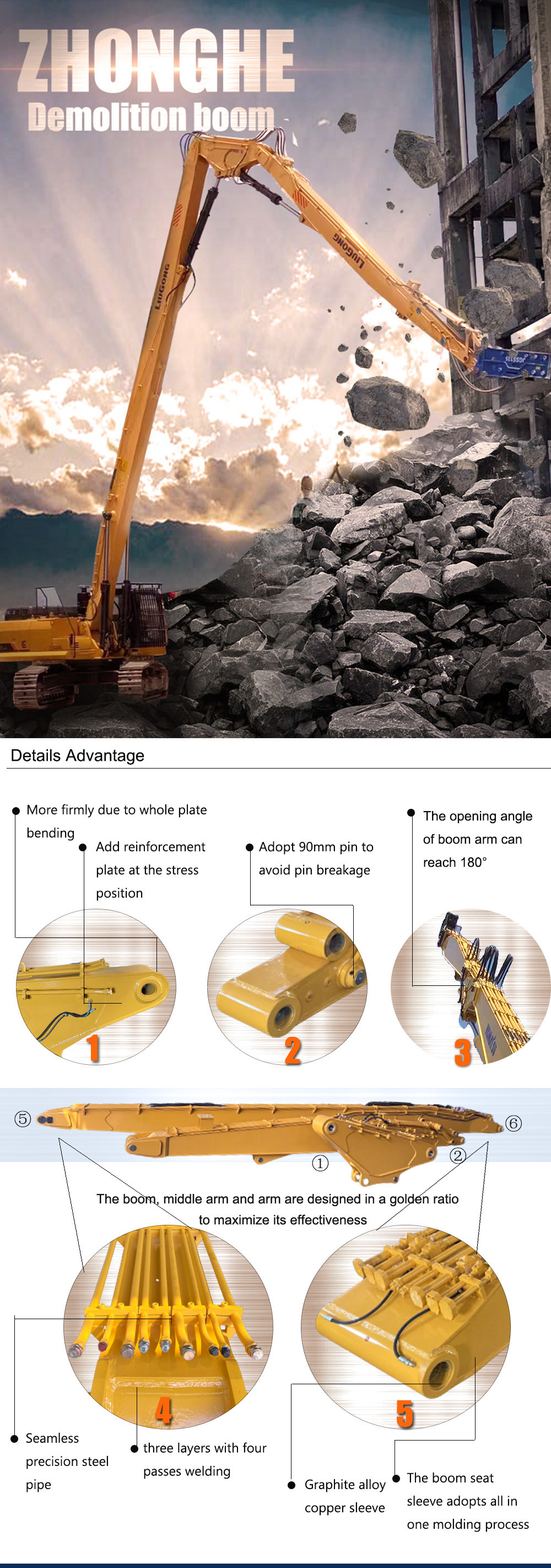 Q355B Long Reach Boom For 20Ton-25Ton Building Demolition Excavator