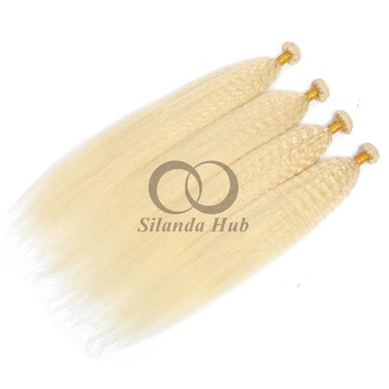 #613 Bleached Blonde Kinky Straight Remy Human Hair Bundles Sew In Weave Bundles Brazilian Bundle Deals