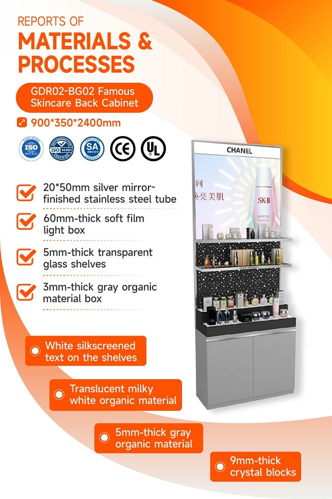 GDR02-BG02 Skincare Display Cabinet with Stainless Steel Tube and 60mm Soft Film Light Box for Fashion Boutiques
