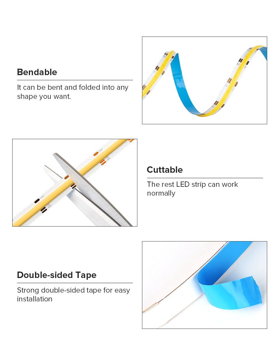 CCT Tunable White COB Flexible LED Strip High Density Flexible DC 24V