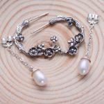 925 Silver Engraved Designs Flower Hoop Earrings with Pearl (055132)