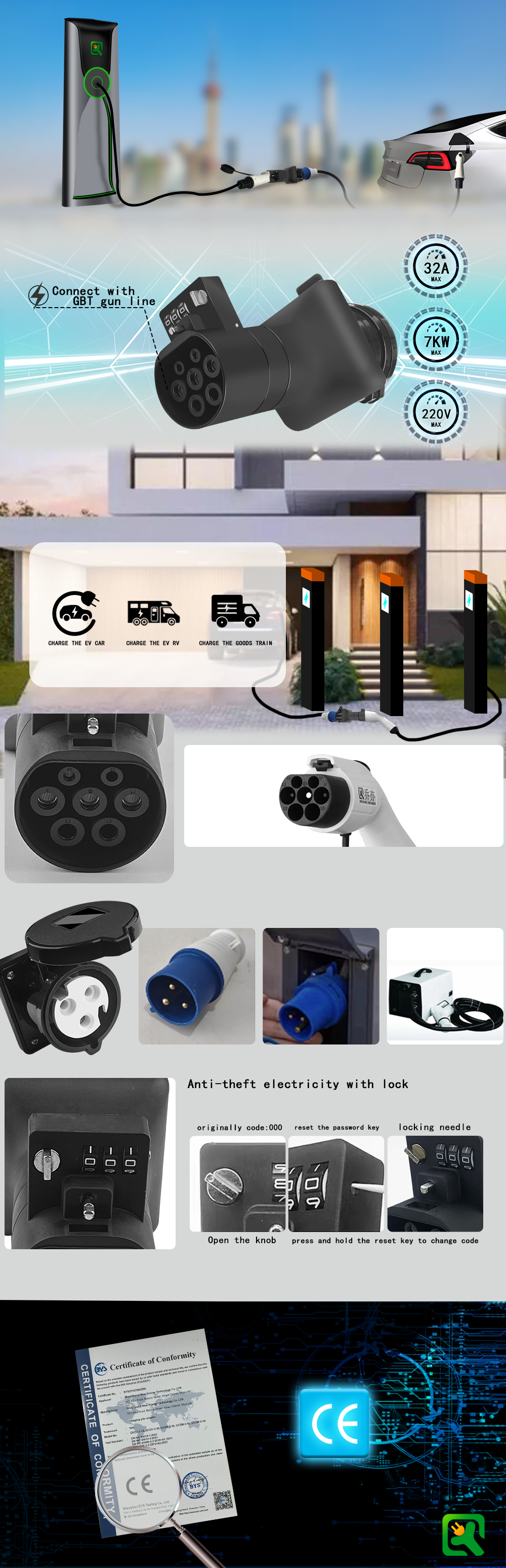 Take Electric from Black Electric Head Output Current 16A/32A at GBT Charging Station with Lock