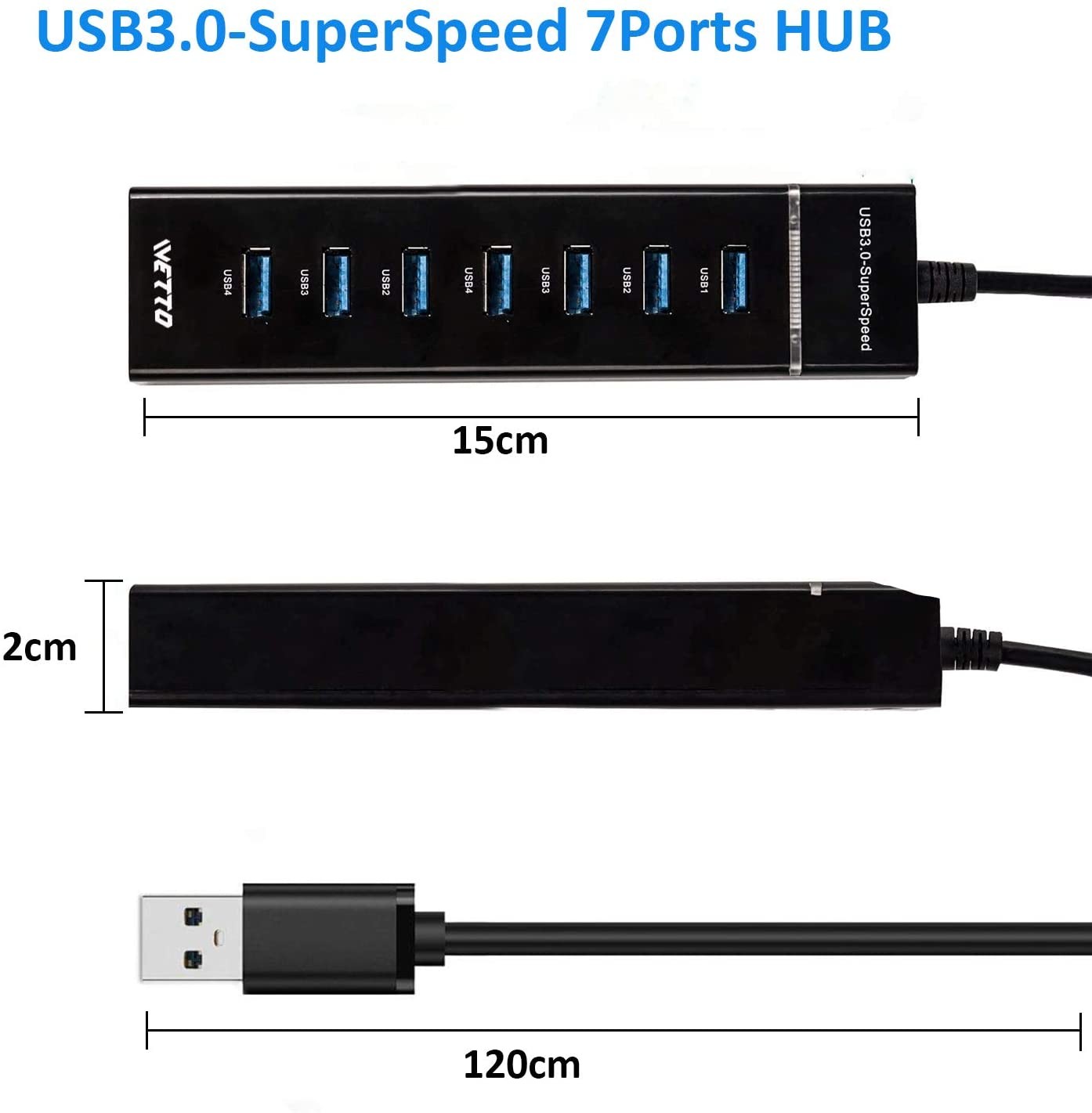 LED 3.0 7 Port USB HUB Splitter ABS 1.2m Extra USB Ports For Laptop FCC