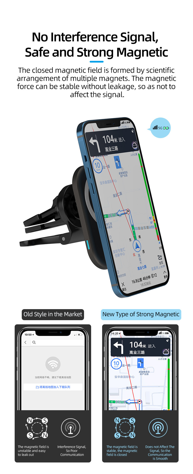 15W Magnetic Wireless Car Charger Air Vent Mounting with ABS Silicone Gel Material