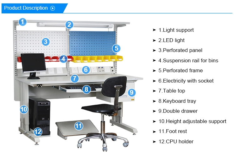 Lighting steel working Esd industrial worktable workbench