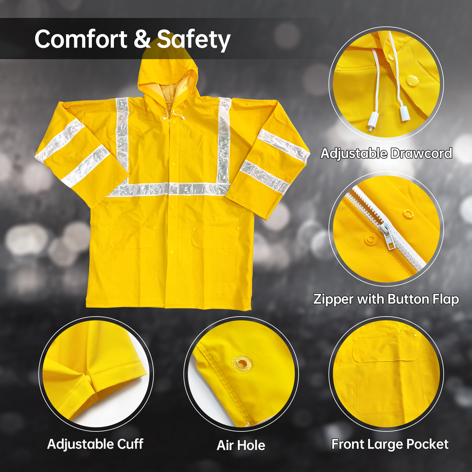 PVC Polyester Hooded Rain Suit Durable Rain Jacket Bib Pants Two Piece Rain Wear Unisex Work Outdoor Coat with Reflective Strips