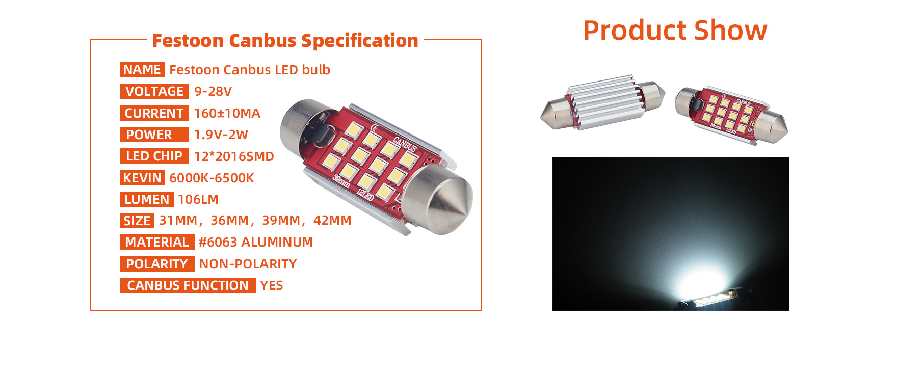 Multi Color LED Interior Car Light Bulbs Festoon Led Bulbs 12v , 36mm Festoon Led Bulb