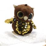 3D Plush Doll Key Chain Brown Embroidered Owl 10cm Inlaid Round Gold Eyes Beads