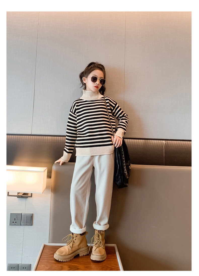 Medium Sized Childrens Winter Clothes Striped High Collar Sweater Set With Velvet