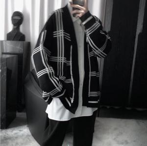 Quality 12GG Black And White Grid Mens Warm Sweaters Collarless Lazy Wind wholesale