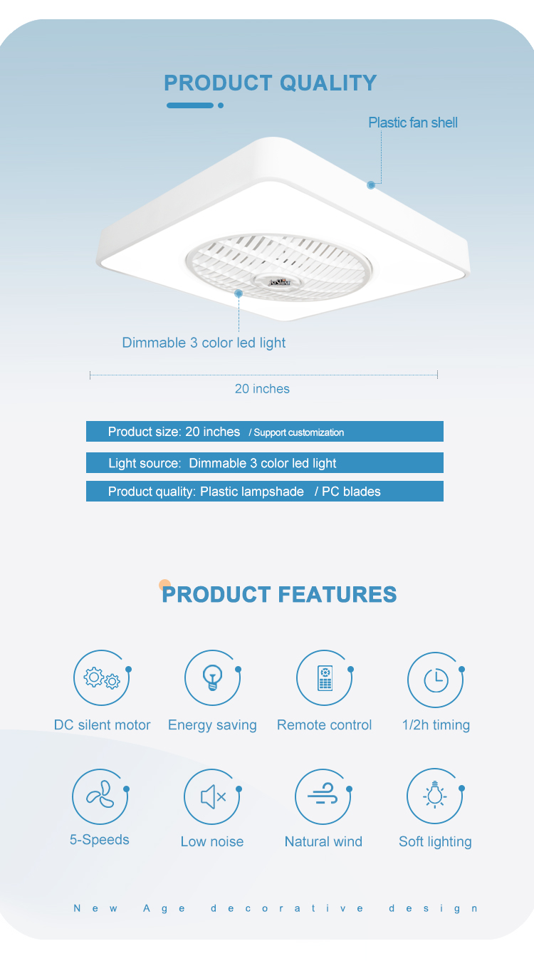 1stshine Bedroom Ceiling Fan Safe ABS Blades and Hidden Blades for Easy Installation