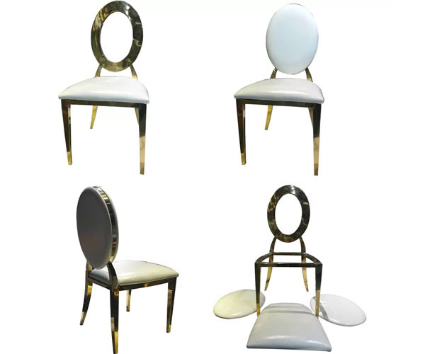 Stainless Steel Gold Round Back Wedding Dining Chairs With White Leather Cushion
