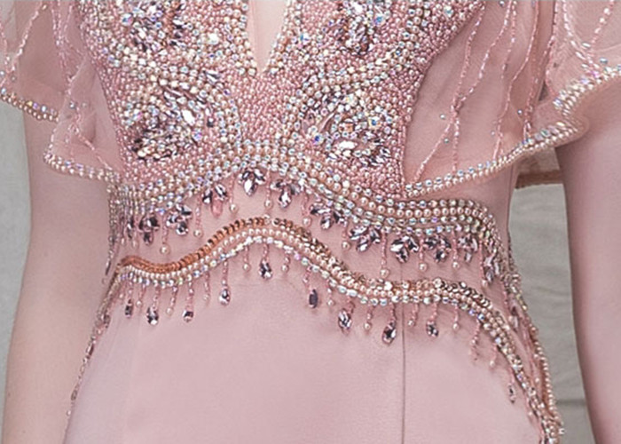 Pink V Neck Mermaid Prom Dress Lotus Leaf Sleeve Top Heavy Beading Backless