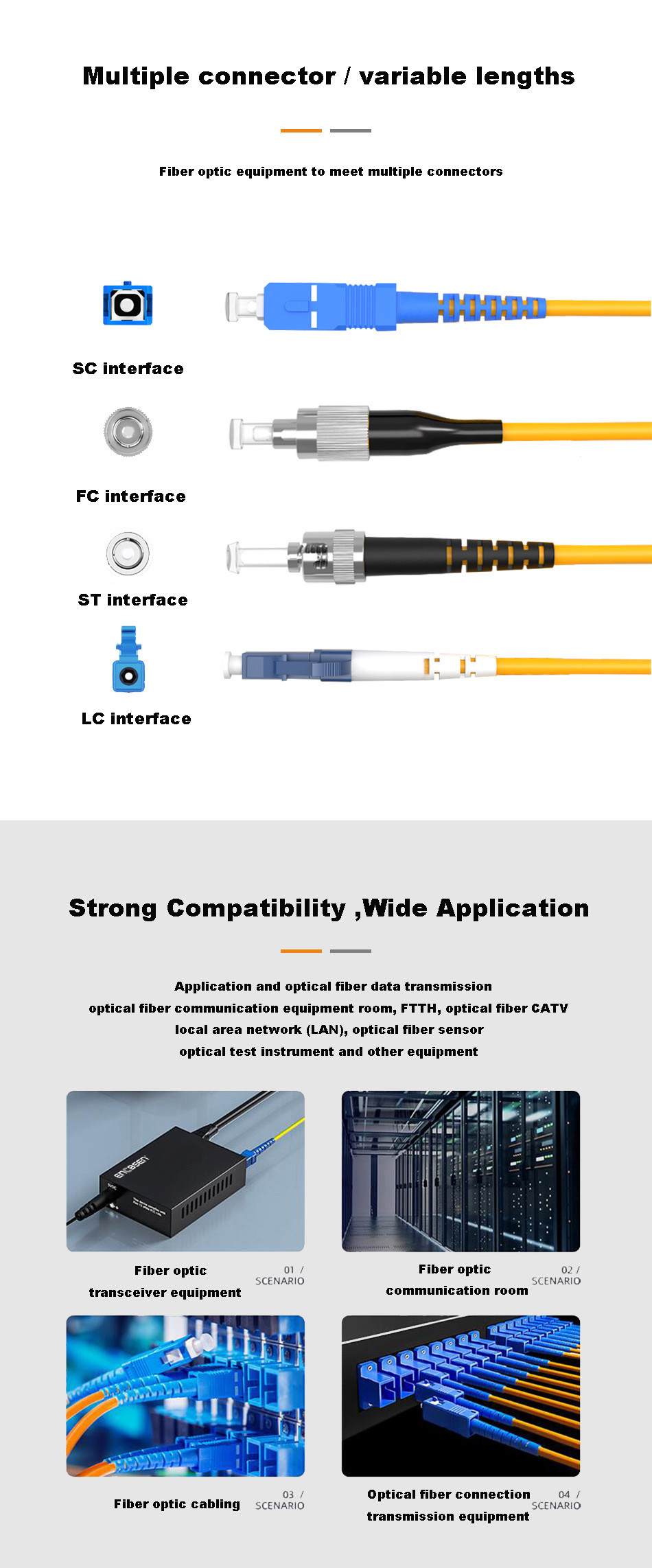 2.0mm 2m Multimode Duplex Fiber Optic St To Lc Patch Cord OM3 Low Insertion Loss