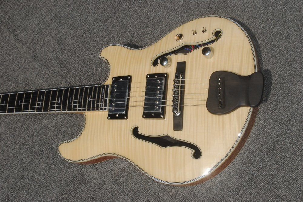 High-grade customized jazz six-string electric guitar, double f-hole half-hollow electric guitar, wood color