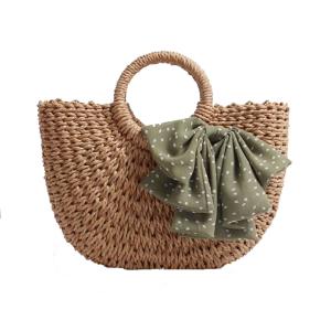 Quality Brown Corn Skin Crochet Hand Bag Small With Green Scarf Bow Woven ODM wholesale