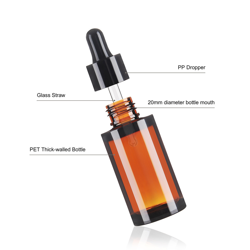 30ml Cosmetic Bottles Thick Wall Pet Amber Plastic Bottles With Dropper