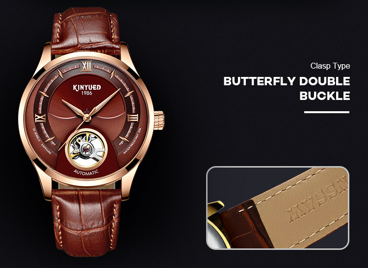 KINYUED genuine leather tourbillon mens automatic watch skeleton mechanical watch men wristwatch