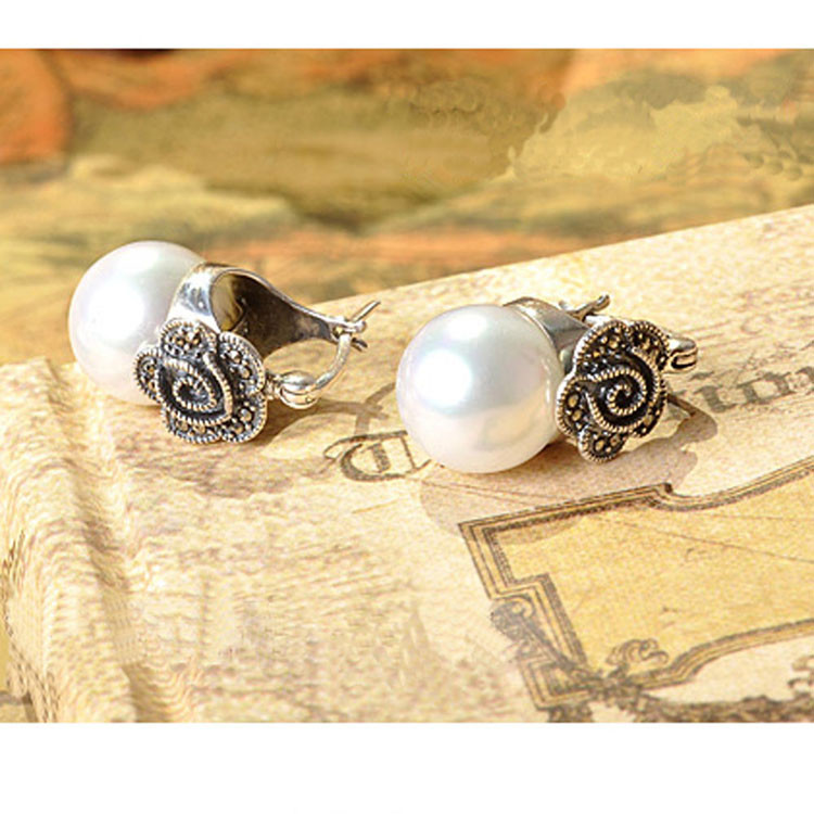 Vintage Silver Marcasite Drop Earrings with White Simulated Shell Pearl (E12141)