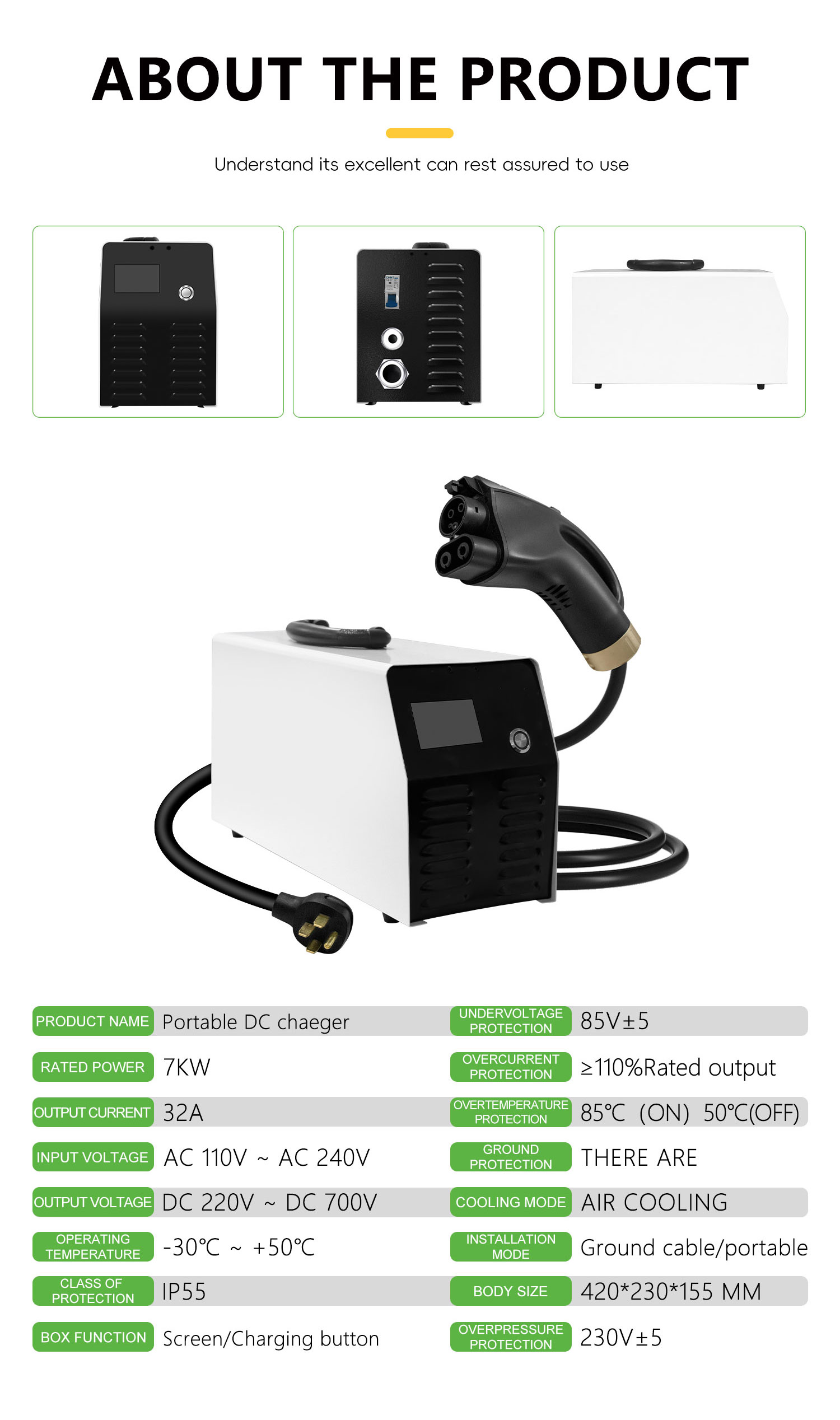 Fast Charger Electric Vehicles Car Charger Station by E-mingze Portable Movable 7kw with Undervoltage protection