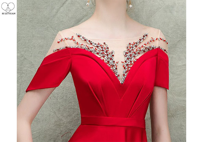 Short Sleeve Long Tail Gown / Red Satin Evening Gown Bust Back Beaded For Women