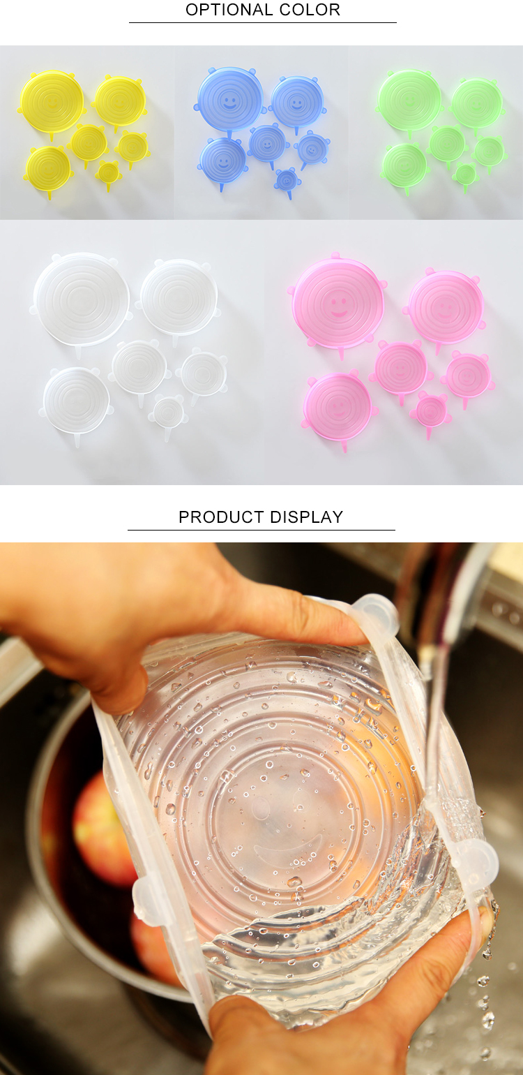 Flexible Transparent Silicone Food Storage 6 Pack Set Microwave Reusable Silicon Stretch Lid