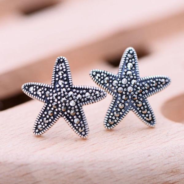 Starfish Design Thai 925 Silver Earrings Pave Marcastie Retro Women Jewelry