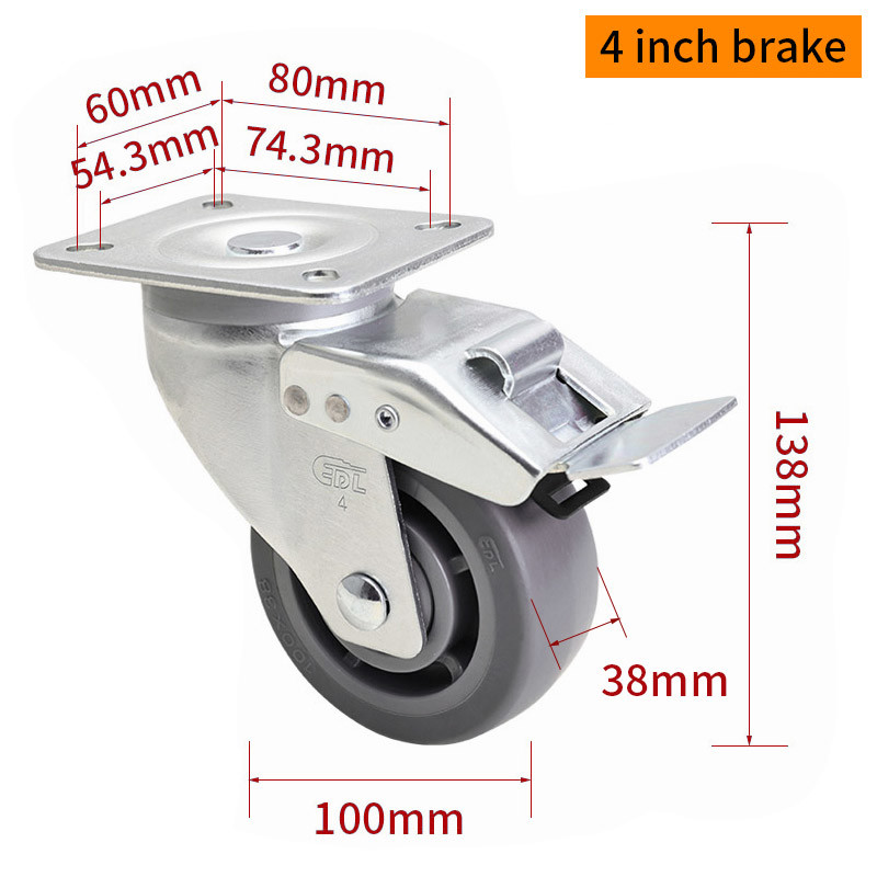 EDL‌ Medium Duty 4inch Caster TPE Plate by Rigid , Swivel and Brake Type 200kg