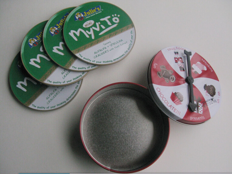 Widely used round shape tin coaster with cork base set 4 in tin box