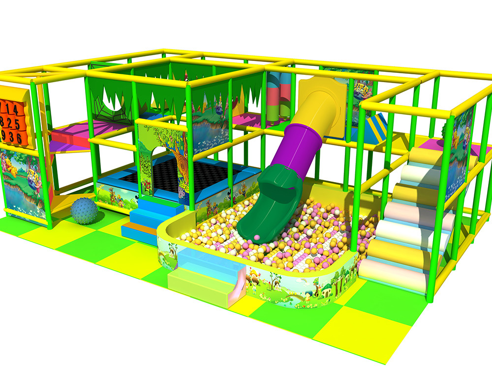 PVC Coated Soft Indoor Playground High Rise Trampoline With Plastic Slide Tube