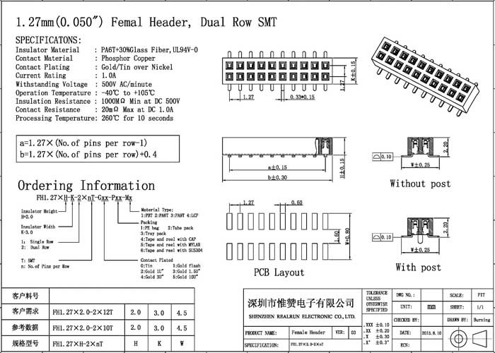 Two Row 22 Pin Female Header Connector 1.27mm Pitch SMT Type Black Color