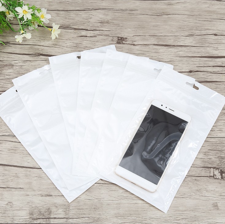 custom design electronic Transparent white pearl film phone shell zipper plastic bags