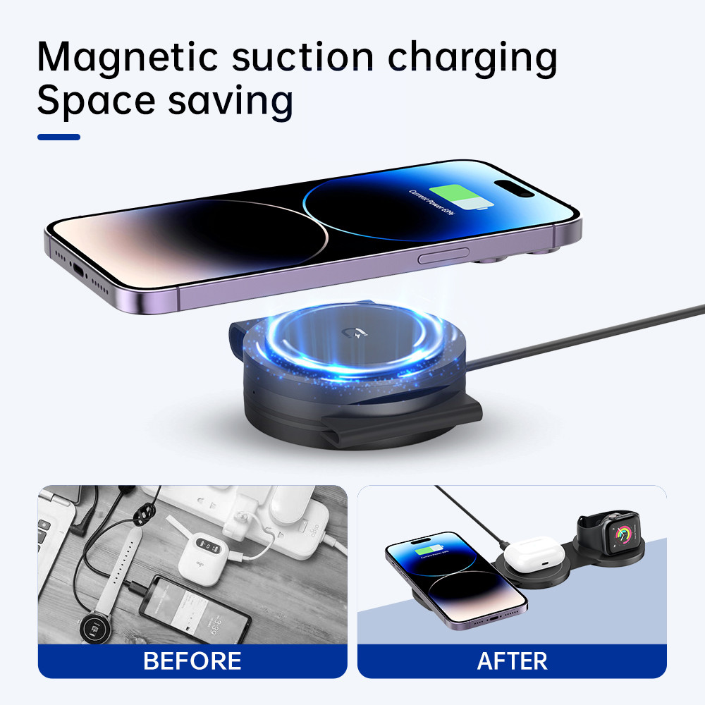 3-in-1 Foldable Wireless Magnetic Charger with Foreign Object Detection