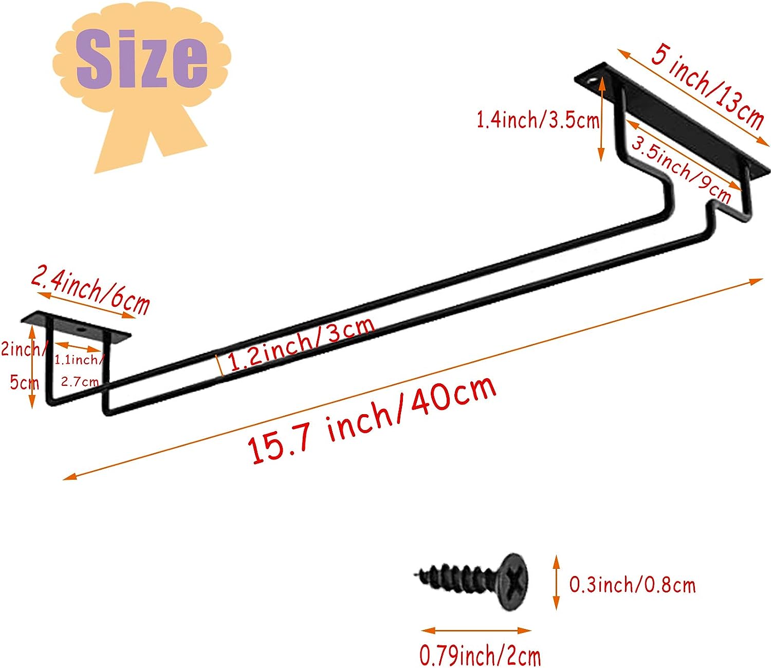 Sample Black 15.8-Inch Long Single Rail Wine Glass Rack Metal Under Cabinet Stemware Storage Holder with Screws