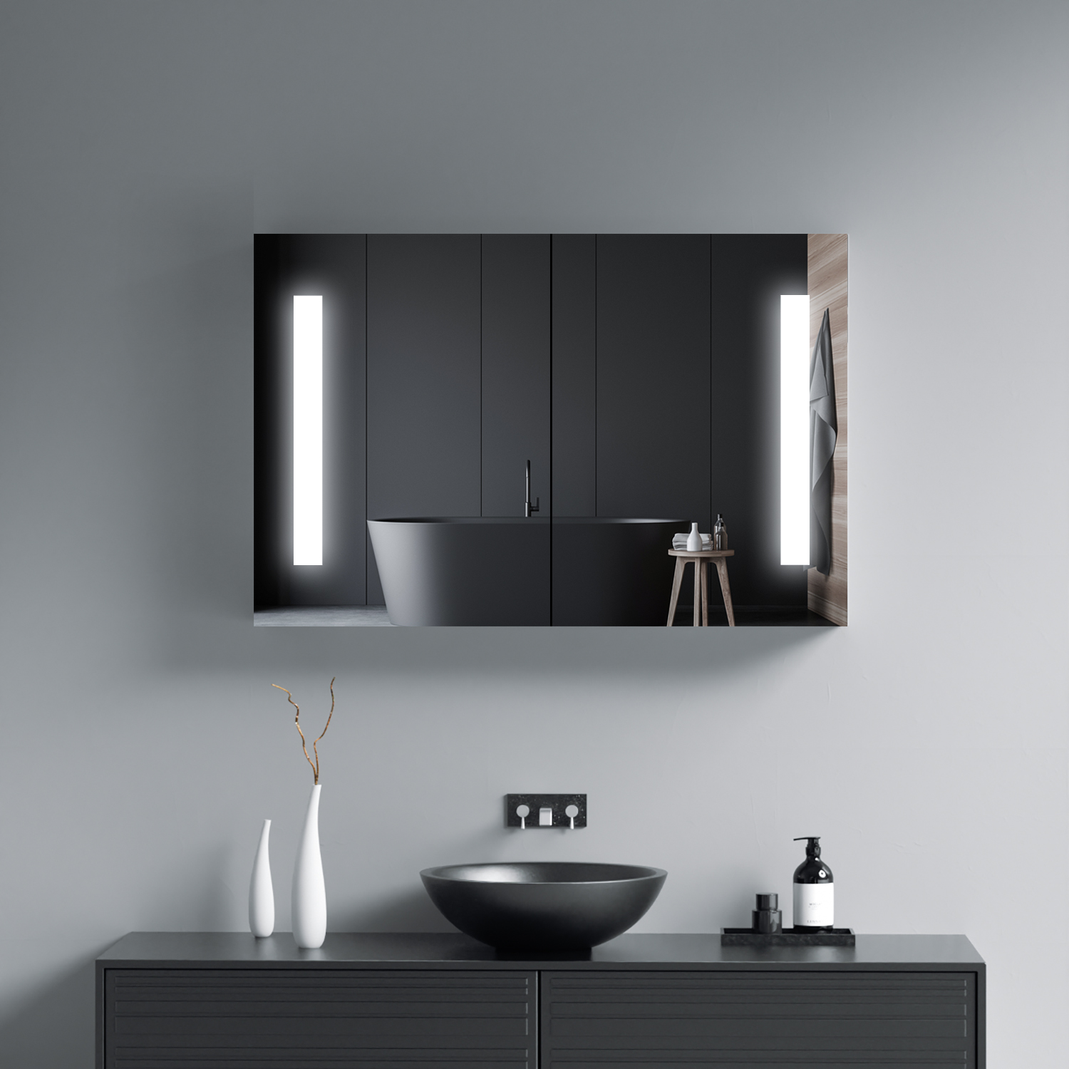 Wall Mounting Round LED Mirror Cabinet Customizable Adjustable Lighting