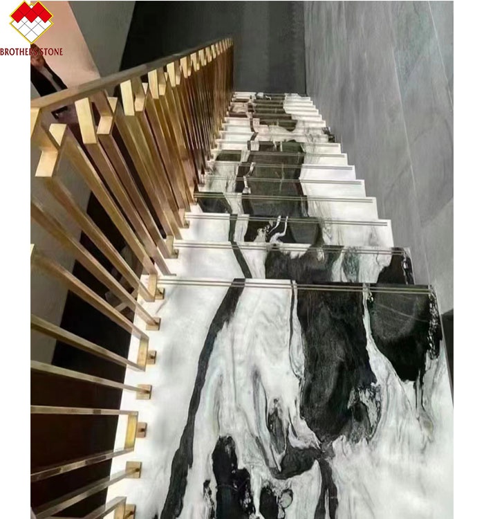 Open Book Marmar Marble Flooring Spiral Stairs with Panda White Marble Treads and Risers