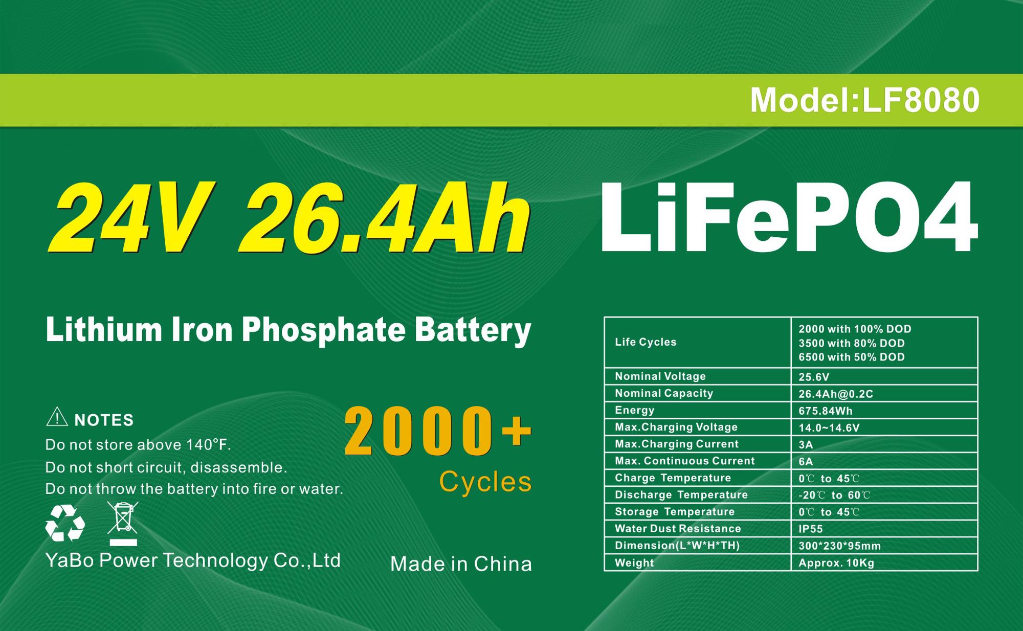 Factory Customized Deep Cycle Lithium Lifepo4 Battery Pack 24V 26.4Ah