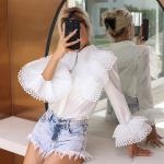 Crystal Embellished Heart Cut Out Shirt Blouse Chic Black High Waisted Lace Tops