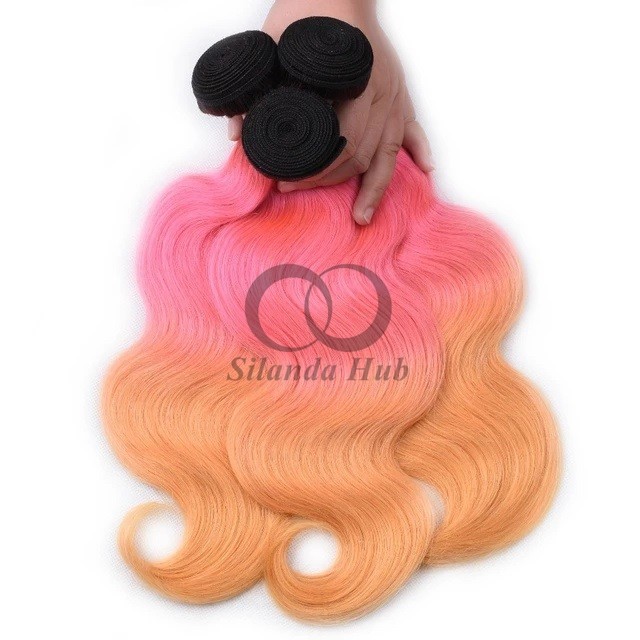 #T1B/Pink/Orange Body Wave Remy Human Hair Bundles Sew In Weave Bundles Brazilian Bundle Deals