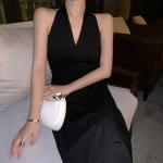 Retro V Neck Sleeveless Halter Black A Line Midi Dress