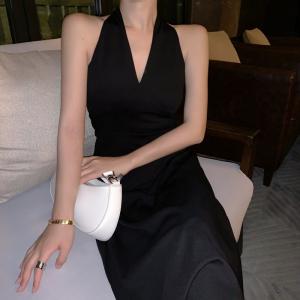 Quality Retro V Neck Sleeveless Halter Black A Line Midi Dress wholesale