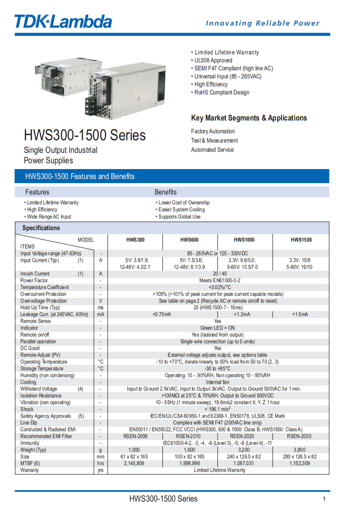 TDK Lambda HWS1000-24 Switch Power Module for Single Phase Input and Wide Input Voltage Range